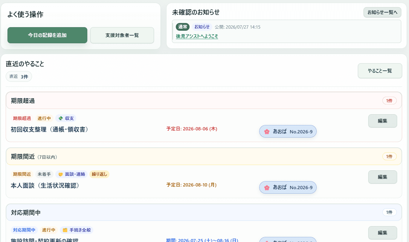 期限超過・期限間近・対応期間中のやることを確認する画面イメージ