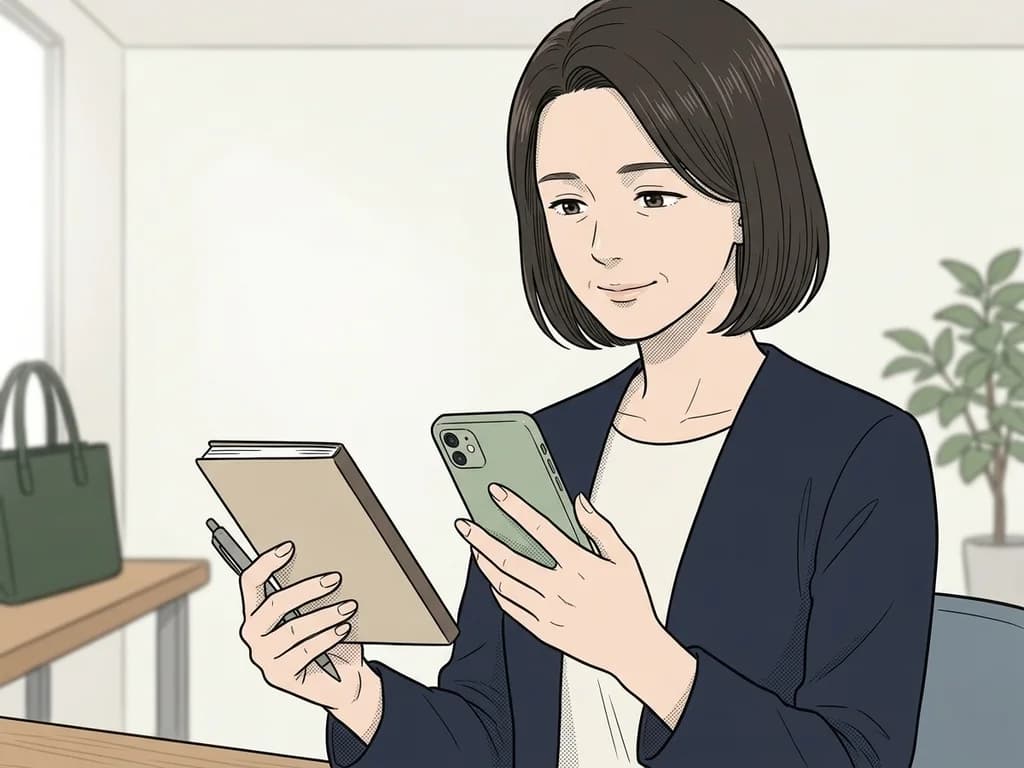 スマートフォンと小さなノートを手に、穏やかにうなずく担当者