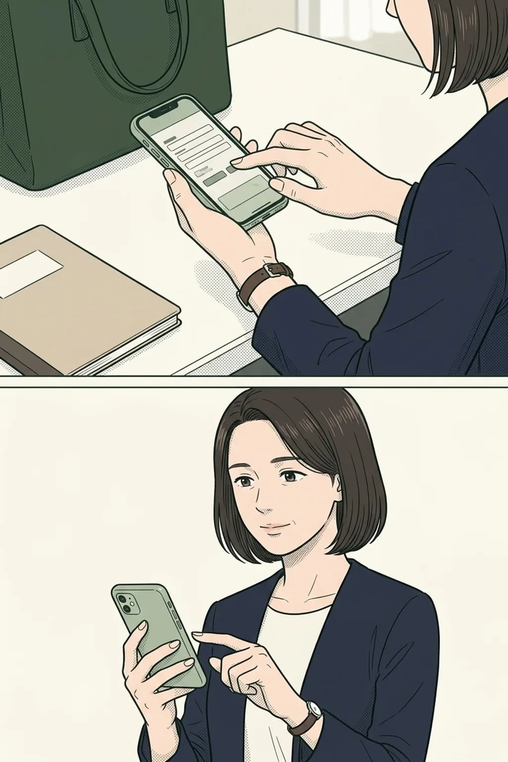 落ち着いた事務所の机でスマートフォンへ入力する手元