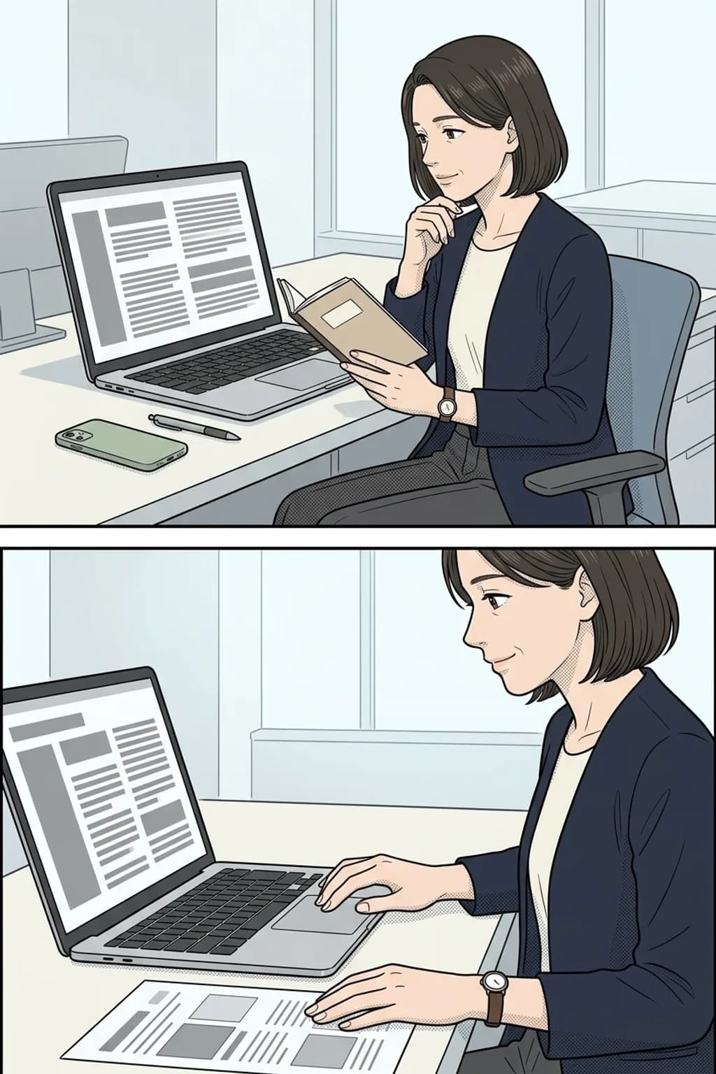 ノートを開き、パソコンの文章と見比べる担当者